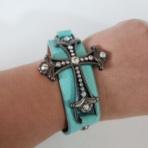 NEW Faith Rhinestone Silver Cross Aqua Genuine Leather Wrap Bracelet Cuff